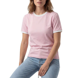 T-shirt rose à manches courtes pour femmes, couleur unie, col rond, haut décontracté d'été - Product Image 1