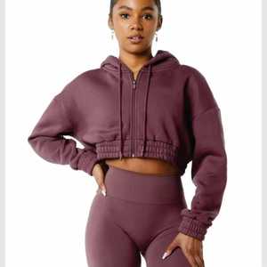 Wholesale <b>Crop</b> <b>Top</b> Zip Up Women's Hoodie Oversized Drop Shoulder 100% Cotton 300GSM Easy Fit Women's Tracksuit - Product Image 1