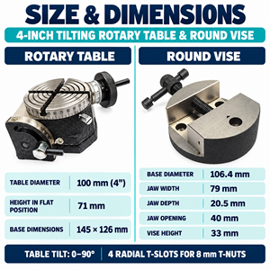 Table rotative inclinable de précision de 4 pouces (100 mm) avec 4 fentes en T, inclinaison de 0 à 90 degrés, avec étau rond de 100 mm, mâchoires de 79 mm pour fraiseuse - Product Image 6