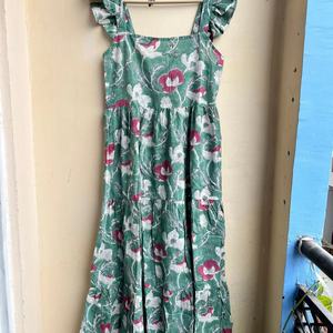 Robe d'été bohème sans manches en coton, motif floral imprimé à la main en vert et blanc, col carré, robe longue maxi - Product Image 1