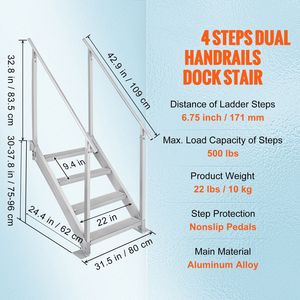 Scaletta a 4 Gradini per Pontone, Altezza Regolabile 30-38 Pollici, Capacità di Carico 500 Libbre, Corrimano Doppio, Accessori per Barche in Alluminio - Product Image 5