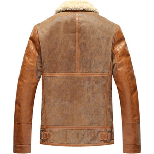 Blouson aviateur en cuir véritable pour homme avec doublure en fausse fourrure coupe-vent style motard hiver col montant fermeture éclair - Product Image 4