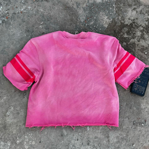 Custom Wholesale <b>Men</b> <b>Pink</b> Boxy Fit Graphic T-<b>Shirt</b> Y2K Streetwear Oversized Heavyweight Tee with Striped Sleeves - Product Image 3