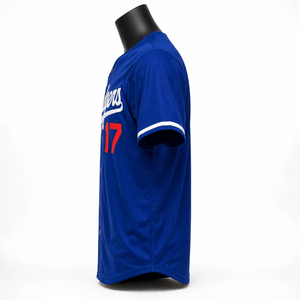เสื้อเบสบอลผู้ชายสีน้ำเงินรอยัลแขนสั้นติดกระดุมด้านหน้าพิมพ์ลายชื่อทีมระบายอากาศได้ดีตามเทรนด์คลาสสิก - Product Image 4