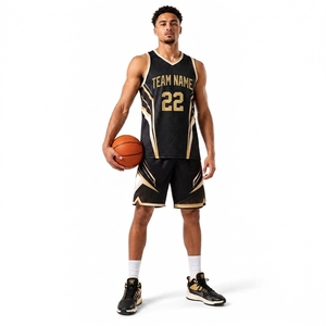 Conjunto de Uniforme de Baloncesto Personalizado para Hombre, Negro y Dorado, sin Mangas, Cuello en V, Sublimado, de Malla de Secado Rápido, Hecho en Pakistán - Product Image 1