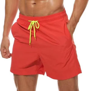 <b>Men's</b> Red Solid Color Quick Dry Swim <b>Trunks</b> With Yellow Drawstring Casual Board Shorts Mid Waist Short Length Woven Polyester - Product Image 1