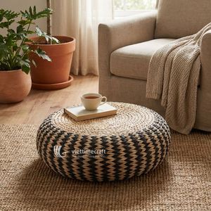 Handwoven Eco-Friendly Water Hyacinth Pouf Ottoman <b>Stool</b> with Linen Upholstery-Home Furniture for Living Room & <b>Bedroom</b> Decor - Product Image 4