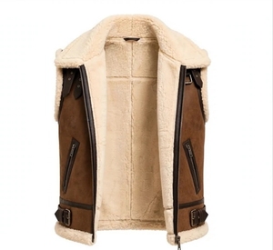 Gilet en cuir marron pour homme avec col en fourrure, double boutonnage - Product Image 3