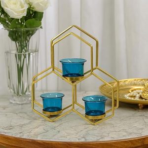 Gold Hexagon Candle <b>Stand</b> with Blue <b>Glass</b> <b>Holders</b> for Home Decoration - Product Image 3