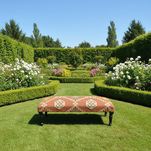 Banc en kilim fait main en laine et jute avec pieds en bois – Pouf pliant rembourré style bohème, banc de siège ottoman multicolore en kilim - Product Image 5