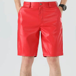 <b>Men</b> Red PU Coated Bermuda <b>Shorts</b> Button Fly Mid Waist Casual Solid Color With Pockets Breathable <b>Woven</b> Fabric - Product Image 1