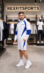 REXFIT SPORTS 2026 ชุดเสื้อแจ็คเก็ตกันลมและกางเกงขาสั้นโพลีเอสเตอร์สำหรับผู้ชายแบบกำหนดเอง ชุดกีฬาทีมวิ่งออกกำลังกายแบบมีฮู้ดน้ำหนักเบา - Product Image 2