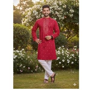 Vente en gros : Ensemble Kurta Pajama pour homme, brodé à la main, style Chikankari Gujarati, idéal pour les mariages, disponible à la vente. - Product Image 1