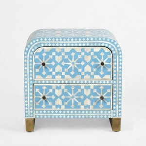 Mesita de Noche de Madera con Incrustaciones de Hueso Azul Claro, 2 Cajones y Estante Abierto, Diseño Chevron de Lujo, Venta al por Mayor Personalizada para el Hogar - Product Image 3