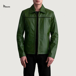 เสื้อแจ็คเก็ตหนังสีเขียวทรงเข้ารูปสำหรับผู้ชาย ยี่ห้อ RELEVO INDUSTRIES คอปกพับได้ ปิดด้วยซิป สไตล์นักขี่มอเตอร์ไซค์ เหมาะสำหรับใส่ในฤดูใบไม้ร่วง - Product Image 1
