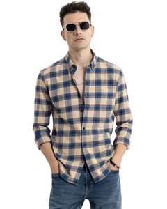Custom <b>Men</b> Beige Blue Check Casual <b>Shirt</b> Cotton Polyester Long Sleeve Button Down Plaid <b>Shirt</b> For Wholesale OEM Supply Export - Product Image 1