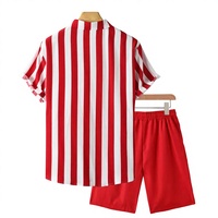Conjunto Deportivo de Verano para Hombre, Transpirable, a Rayas, Camisa de Manga Corta con Botones, Pantalones Cortos Rojos, 2 Piezas, Poliéster/Algodón, Ropa Deportiva