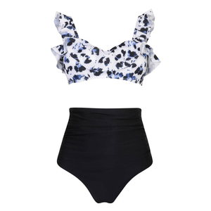 Women Halter Neckline <b>Triangle</b> Bra Floral Ruffled <b>Bikini</b> Top TIE SIDE High Waist Bottom Two Piece Swimwear <b>Set</b> Breathable Belt - Product Image 1