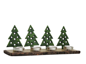Porte-bougie décoratif en aluminium vert pour sapin de Noël avec base en bois, centre de table festif - Product Image 1