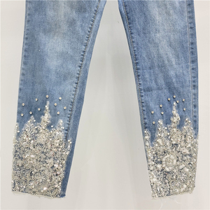 Glory New 2025 Pantalones de mezclilla rectos ajustados elásticos para mujer con cuentas, cintura alta, lentejuelas, encaje y diseño floral calado - Product Image 4