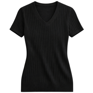 Blusa de Punto Acanalado con Cuello en V para Mujer, Manga Corta, Corte Ajustado, Informal, Otoñal, Suave, Elástica, con Botones, Elegante, para Uso Diario - Product Image 1
