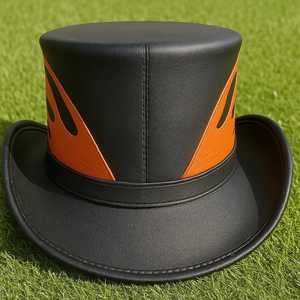 Chapeau haut de forme en cuir noir fait main de qualité supérieure avec crâne flamboyant orange, style motard, steampunk, gothique - Product Image 4