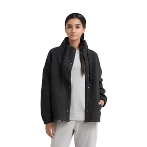 Women's Black Fleece <b>Jacket</b> Stand Collar Full Sleeve Thick Winter Outerwear Solid Color Button Closure Regular Fit - Product Image 1