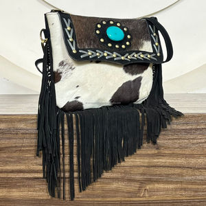 Hair on Hide Fur Leather Fringe Handbag Western Cowhide Fur Gems Stone Fringe Sling Purse Style Multi Uses Sling Purse - Product Image 4