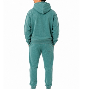 Conjunto Deportivo con Capucha Color Verde Azulado para Hombre, Conjunto Informal para Correr, Algodón Lavado, Cierre de Cremallera Frontal, Estampado de Letras, para Actividades al Aire Libre - Product Image 2