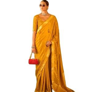 ผ้าส่าหรีขอบผ้าซาตินนุ่มทอจากแบรนด์ล่าสุด - Product Image 1