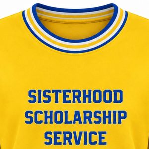 Pull à col rond jaune pour femme Sigma Gamma Rho, avec motif cœur brodé bleu, col et poignets rayés, en tricot - Product Image 2