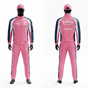 Premium 280 GSM Polyester Interlock <b>Cricket</b> Tracksuit Pink Navy <b>White</b> Panel Heat Transfer Custom Logo - Product Image 1