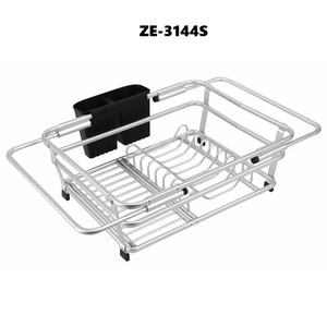 Escurridor de Platos Extensible de Acero Inoxidable para Fregadero con Asas de Madera y Soporte para Utensilios para Encimera de Cocina - Product Image 1