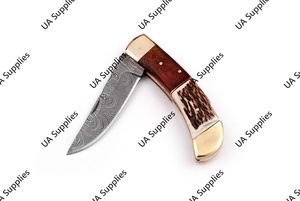 Best Price Damascus Steel <b>Back</b> Lock Folding Knife Stag Horn Rosewood Handle Brass Foldable Tactical <b>Drop</b> Point Survival ODM/ODM - Product Image 3