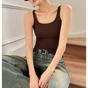 Women Knitted Solid Color Scoop Neck Tank <b>Top</b> Minimalist Style Breathable Cotton Spandex Blend Regular Length - Product Image 5