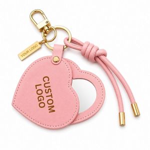 Pink PU leather bag charms with heart shape compact <b>mirror</b> and gold keychain <b>clip</b> for women purse handbag accessories - Product Image 2