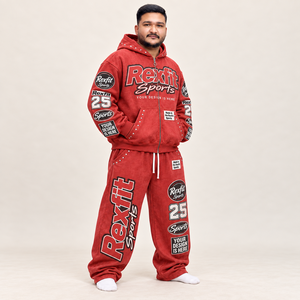 Ensemble de survêtement à capuche rouge en molleton imprimé, sweat-shirt et pantalon de jogging amples, design personnalisé patchwork, tenue d'automne pour homme - Product Image 2