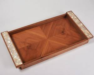 Ensemble de plateaux en bois incrustés de nacre géométrique, faits à la main, mosaïque, plateau de service oriental, coquillages naturels, décoration d'intérieur - Product Image 3