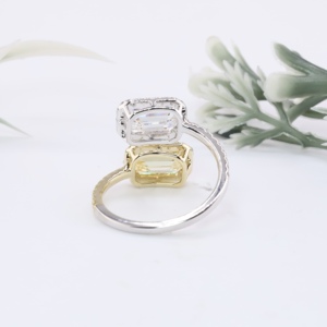 Two Tone Gold Toi Et Moi Emerald Cut White and Fancy Yellow Lab Grown <b>Diamond</b> Halo Bypass <b>Ring</b> Fine Jewelry For Women - Product Image 4