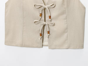 Gilet décontracté beige à col en V avec lacets pour femme, coupe-vent, respirant, sans manches, avec poches à rabat - Product Image 4