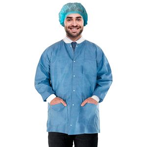 Unisex X-Large PPE giacca da laboratorio da 32 pollici usa e getta con bottoni frontali da 50 Gsm SMS 3 tasche a velo blu 100 - Product Image 1