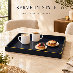 Elegant Natural <b>Wood</b> Serving Tray Navy Blue Gold <b>Trim</b> | Rectangular Wooden Tray for Dining Kitchen Home Serving Decor Organizers - Product Image 3