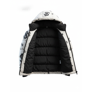 Blouson matelassé à capuche blanc pour homme avec imprimé dollar, manteau d'hiver style streetwear, vêtement d'extérieur chaud, vente en gros - Product Image 4