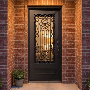 Puerta de entrada de hierro forjado resistente al óxido, fácil de montar, con un panel de vidrio arqueado y un diseño con motivos intrincados. - Product Image 3