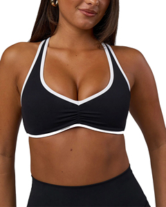 Women's Black Sports <b>Bra</b> With White Contrast Binding Deep V-<b>Neck</b> <b>Halter</b> Yoga Fitness <b>Bra</b> Medium Support Breathable Seamless - Product Image 3