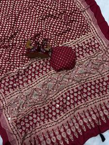 Sari en crêpe de soie imprimé Ajarakh avec broderie miroir, Sari traditionnel en crêpe de soie imprimé Ajarakh - Product Image 5