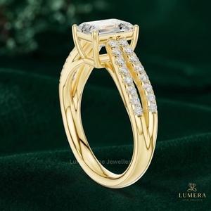 Elegant Emerald Cut Lab Grown Diamond Engagement <b>Ring</b>, Double Row <b>Split</b> Pave Diamond Shoulders Open Basket Prong Setting <b>Ring</b> - Product Image 3