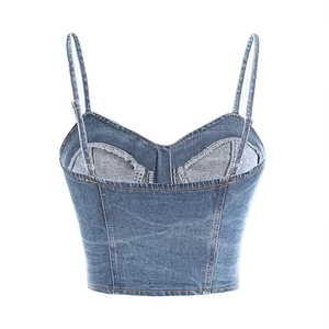 Wholesale Women's Denim Tank <b>Tops</b> Strappy Zip Front Solid Color Sexy Casual Wear Cotton Breathable Eco-Friendly OEM Service - Product Image 2