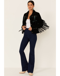 Black Fringe <b>Suede</b> <b>Jacket</b> Women Turquoise Beaded Concho Trim Boho Cowgirl Coat Handcrafted Tassel Outerwear Bulk Supplier USA - Product Image 3