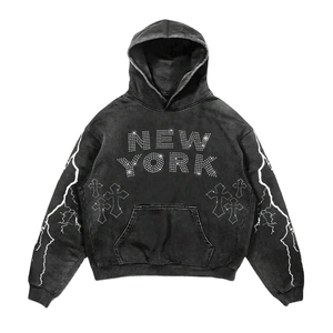 Sudadera con Capucha Extra Grande para Hombre, Personalizada con Letras y Cruz de Pedrería, Popular, de Alta Calidad, con Hombros Caídos, Lavada - Product Image 1